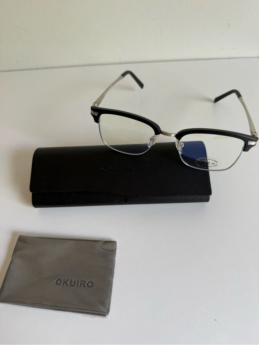 Blue Light Blocking Glasses AM8112a Black Half Rim UV400 Case New by: OKUIRO